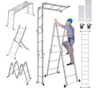 VA-Cerulean Echelle multi-usage, échelle en alliage d'aluminium, échelle multifonction Echafaudage, jusqu'à 150 kg, 16 marches avec 2 plaques d'échafaudage, argent