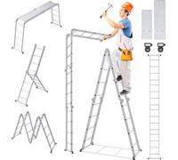 VA-Cerulean Echelle polyvalente aluminium avec plate-forme 4,7m Echelle pliante multifonctionnelle Echelle de travail Echelle de ménage jusqu'à 150kg, 16 marches avec 2 plaques d'échafaudage