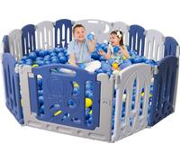 VA-Cerulean Parc bébé Barrière de sécurité pliable Centre d'activités en plastique avec porte et tableau de jouets Aire de jeux sécurisée pour enfants, blanc et bleu(16 pcs)