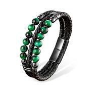 VA JENT Bracelet en cuir tressé avec perles œil de tigre et fermoir en acier inoxydable pour homme, 21 cm/8.27 inches, Cuir, Oeil de tigre