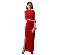 VAAX Robe pour Femme Cheongsam,Robe Cheongsam en Velours Rouge 3 4 Manches Élégante Robe Longue Maxi Mince Fleurs Brodées Robe Qipao Robe De Cocktail Sexy Soirée Antumn Robe Quotidienne pour Les Fill