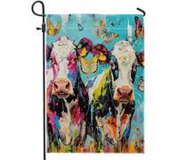 Vache abstraite drapeau de jardin papillon animal graffiti peinture à l'huile ferme pays lin bleu pelouse décor double face extérieur porche camping clôture mur famille décorations drapeau 30,5 x 45,7