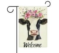Vache aquarelle avec couronne florale drapeau de jardin saisonnier vacances toile de jute double face maison cour drapeaux extérieurs 30,5 x 45,7 cm