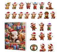 Vache Avent 2025-24 Days of Compte à rebours Calendrier Décoration acrylique 2D, Ornement mignon de vache Highland | Pour la maison Arbre Mur Porte Fenêtre Vacances Fête Favors