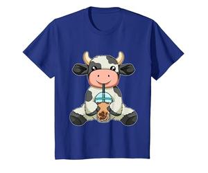 Vache Boire Bubble Tea Animaux Mignons avec Boba Tea T-Shirt, Enfant, Bleu Royal, 2 Ans