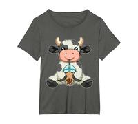 Vache Boire Bubble Tea Animaux Mignons avec Boba Tea T-Shirt, Femme Grandes Tailles, Asphalte, 5X