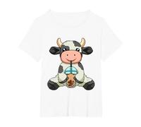 Vache Boire Bubble Tea Animaux Mignons avec Boba Tea T-Shirt, Femme Grandes Tailles, Blanc, 3X