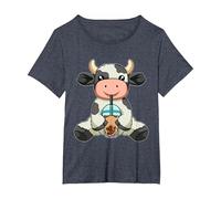 Vache Boire Bubble Tea Animaux Mignons avec Boba Tea T-Shirt, Femme Grandes Tailles, Bleu Chiné, 3X