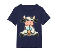 Vache Boire Bubble Tea Animaux Mignons avec Boba Tea T-Shirt, Femme Grandes Tailles, Bleu Marine, 3X