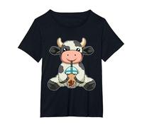 Vache Boire Bubble Tea Animaux Mignons avec Boba Tea T-Shirt, Femme Grandes Tailles, Noir, 1X