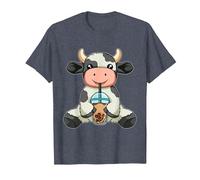 Vache Boire Bubble Tea Animaux Mignons avec Boba Tea T-Shirt, Homme, Bleu Chiné, L