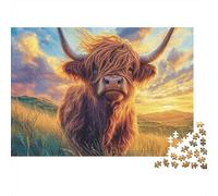 Vache des Highlands Coucher de Soleil 1000 pièces Puzzle Cadeau de Vacances pour Adultes Portrait de Vache des Highlands dans Un Champ au Coucher de Soleil Haute qualité soulagement du Stress 70x50cm