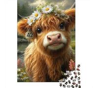 Vache des Highlands Couronne de Fleurs Puzzle 1000 Pièces pour Adultes Et Enfants Premium Jeu D'Intelligence 38x26cm/1000pcs