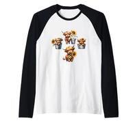 Vache des Highlands dans un seau, motif tournesol, motif floral Manche Raglan