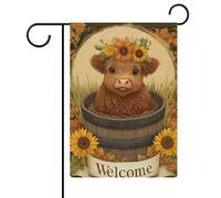Vache des Highlands dans un vieux tonneau en bois Drapeau de jardin saisonnier Vacances en toile de jute double face Maison cour Drapeaux extérieurs 30,5 x 45,7 cm