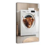 Vache des Highlands dans une machine à laver, art mural amusant pour salle de bain, décoration mignonne de buanderie, photo d'animal amusante, imprimé vache rétro, Ai Art-1