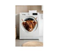 Vache des Highlands dans une machine à laver, art mural amusant pour salle de bain, décoration mignonne de buanderie, photo d'animal amusante, imprimé vache rétro, Ai Art-1