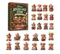 Vache des Highlands de Noël - Acrylique 2D | Nombre de vacances de 24 jours | Lot de 24 décorations de vache moelleuses, capes vertes et chapeaux de Père Noël, boîte cadeau festive réutilisable