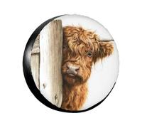 Vache des Highlands Qui Regarde Derrière Une Porte en Bois Housse pour Roue Pneu Durable Housse Pneu De Rechange Imperméable Housses De Pneus pour Camion Auto Camping-Car 17inch