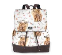 Vache écossaise des Highlands à fleurs roses printanières,Sac à dos imperméable pour femme, sac à dos de voyage léger en cuir PU tendance