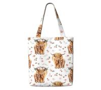Vache écossaise des Highlands à fleurs roses printanières，Sacs d'épicerie réutilisables, sacs fourre-tout de grande capacité, sac à bandoulière en toile