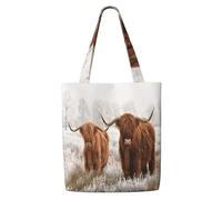 Vache écossaise des Highlands enneigée en hiver,Sacs d'épicerie réutilisables, sacs fourre-tout de grande capacité, sac à bandoulière en toile