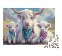 Vache Highlands Puzzle 1000 Pièces pour Hobbyistes W nd, Carton Solide,Vache Highland Family Décoration Murale Maison, Cadeau Festival Printemps, Jeu Cérébral 70x50cm/1000pcs