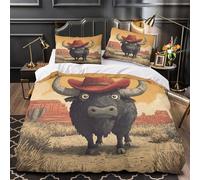 Vache portant un chapeau de cowboy rouge dans le désert Housse De Couette Ado Adulte Avec Taie D'oreiller, 3 Pièces Parure Microfibre Avec Fermeture Éclair, 3D Imprimé Motif Super King(260x220cm)