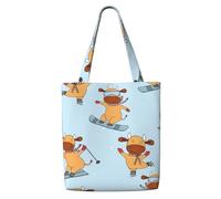 Vaches amusantes faisant du ski，Sacs d'épicerie réutilisables, sacs fourre-tout de grande capacité, sac à bandoulière en toile