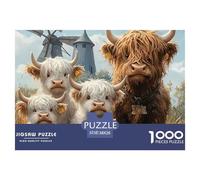 Vaches Highland Moulins Puzzle 1000 Pièces Papier Puzzle pour Adultes Relaxant Puzzle en Famille Déco Maison Cadeau 38x26cm/1000pcs