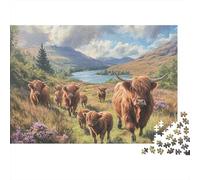 Vaches Highland Paysage Puzzle 1000 Pièces Papier Adultes Prairie Lac Jeu de Puzzle 1000 Pièces Décoration Cadeau 38x26cm/1000pcs