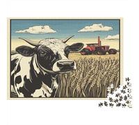 Vaches, Tracteur et blé 1000pcs (75x50cm) Puzzle pour Adultes - Style Bande dessinée rétro,Jouet De DIY