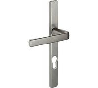 Vachette Set de Poignée de Porte Vitrée sur Plaque Étroite 24mm KAZA - Clé I pour Porte d'Entrée/Cave/Abris de Jardin à Cylindre - Entraxe 195 mm - en Aluminium - Garantie 10 Ans - Finition Argent