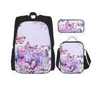 vacsAX Beauty Daisy Sac à dos léger et imperméable (3 pièces) avec sac à déjeuner, trousse à crayons pour le bureau et l'école, Beau papillon violet, Taille unique