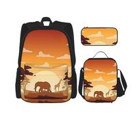 vacsAX Flying Owl Sac à dos léger et imperméable avec sac à déjeuner et trousse à crayons pour le bureau et l'école, Éléphant et girafe au coucher du soleil, Taille unique