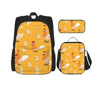 vacsAX Lot de 3 sacs à dos imperméables et légers avec sac à déjeuner, trousse à crayons pour bureau, école, Poulet, Taille unique