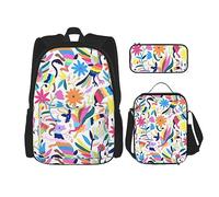 vacsAX Lot de 3 sacs à dos légers et imperméables avec sac à déjeuner, trousse à crayons pour le bureau et l'école Bleu, Animaux Otomi mexicains., Taille unique