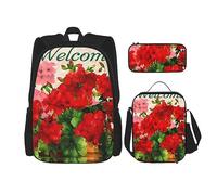 vacsAX Lot de 3 sacs à dos légers et imperméables avec sac à déjeuner, trousse à crayons pour le bureau et l'école Bleu, Géraniums rouges, Taille unique