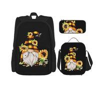 vacsAX Sac à dos gothique Happy Halloween léger et imperméable (ensemble de 3 pièces) avec sac à déjeuner, trousse à crayons pour bureau, école, Nain d'abeille jaune floral, Taille unique, Moderne