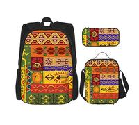 vacsAX Sac à dos imperméable léger en cuir de vache marron (3 pièces) avec sac à déjeuner, trousse à crayons pour le bureau et l'école, Motif national africain., Taille unique