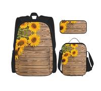 vacsAX Sac à dos léger et imperméable avec sac à déjeuner, trousse à crayons pour bureau, école, Trois tournesols sur bois., Taille unique