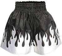 VADER SPORTS EST.2001 WITH YOU ALL THE WAY Short Boxe Thaíïandaise/Française Arts Martiaux Robuste Soyeux Satiné Muay Thai MMA UFC - Noir, Flammes Blanches, S - Taille 66-71 cm