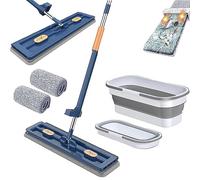 Vadrouille de Nettoyage Plate Réglable Rotative à 360°, Grande Balai Plat Lavage Sol avec Eau Essoreur, Balai Serpillere Microfibre pour Sol, Balai Raclette de Sol (Seau Pliant Bleu)