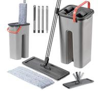 Vadrouille plate KADAX avec seau à deux chambres de 6 L, presse-agrumes pour le lavage des sols longs