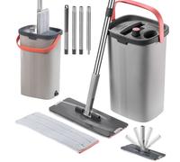 KADAX Serpillère plate avec séparation de l'eau, serpillère à double compartiment, serpillère à double chambre, kit de nettoyage pour le sol, kit de nettoyage pour sol plat, avec seau de nettoyage,