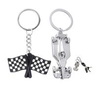 VAEIORP 2 Porte-clés Métalliques, Créatifs et Personnalisés avec Modèle de Voiture de Course et Design Drapeau à Damier (Argent)