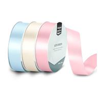 Vaessen Creative Ruban Satin Lot - 3 Couleurs Babyshower & Communion de 10 m x 25 mm - Blanc, Rose & Bleu Pastel - Bolduc pour Cadeau, Emballage et Bouquet Mariage
