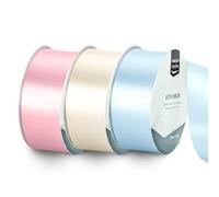Vaessen Creative Ruban Satin Lot - 3 Couleurs Babyshower & Communion de 10 m x 38 mm - Blanc, Rose & Bleu Pastel - Bolduc pour Cadeau, Emballage et Bouquet Mariage