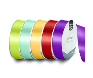 Vaessen Creative Ruban Satin Lot - 5 Couleurs Primaire de 10 m x 25 mm - Bleu, Violet, Vert, Jaune & Rouge - Bolduc pour Cadeau, Emballage et Bouquet Mariage