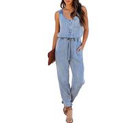 Vagbalena Combinaison sans Manches en Denim à col Rond sans Manches avec Cordon de Serrage à la Taille Combinaison d'été à Pochettes Combinaison en Denim (Bleu,M)